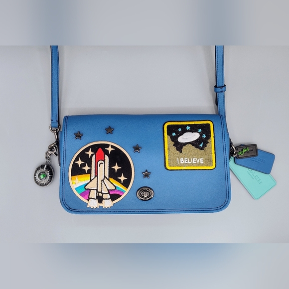 Upcycled Coach glovetanned turnlock crossbody bag w/ Space Patches. Azure Blue - Picture 6 of 14